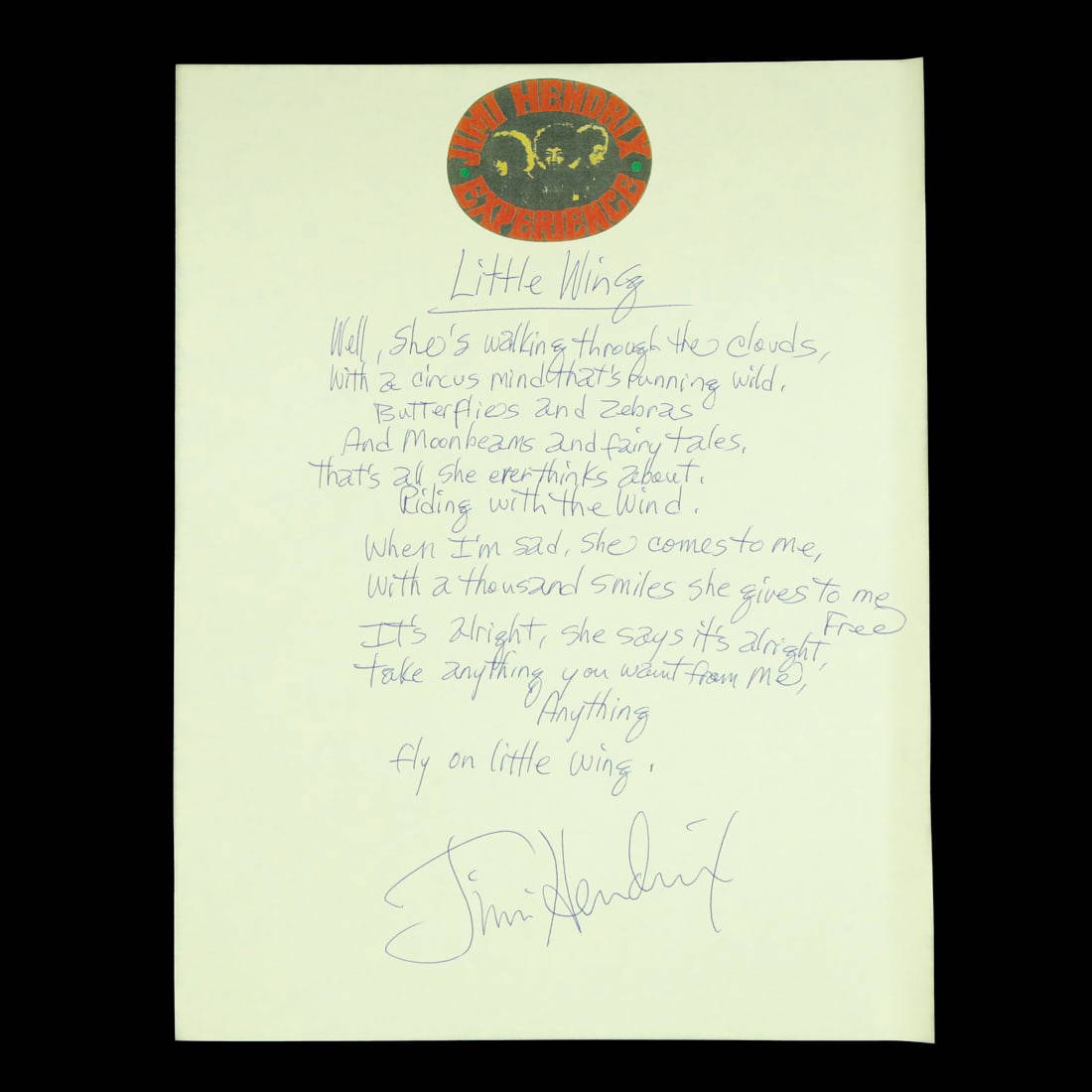 Jimi Hendrix & Band Signed "little Wing" Lyrics Auction