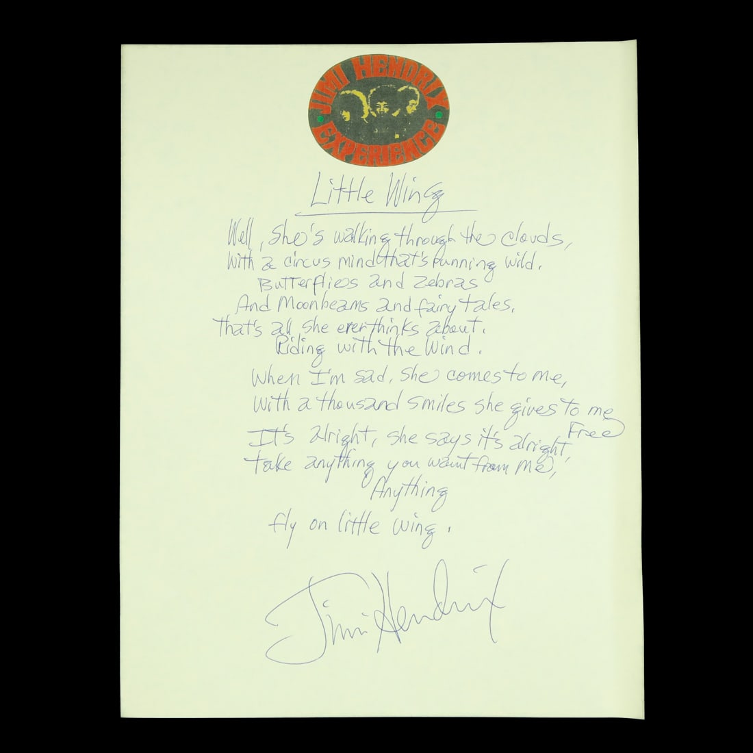Jimi Hendrix & Band Signed "little Wing" Lyrics Auction