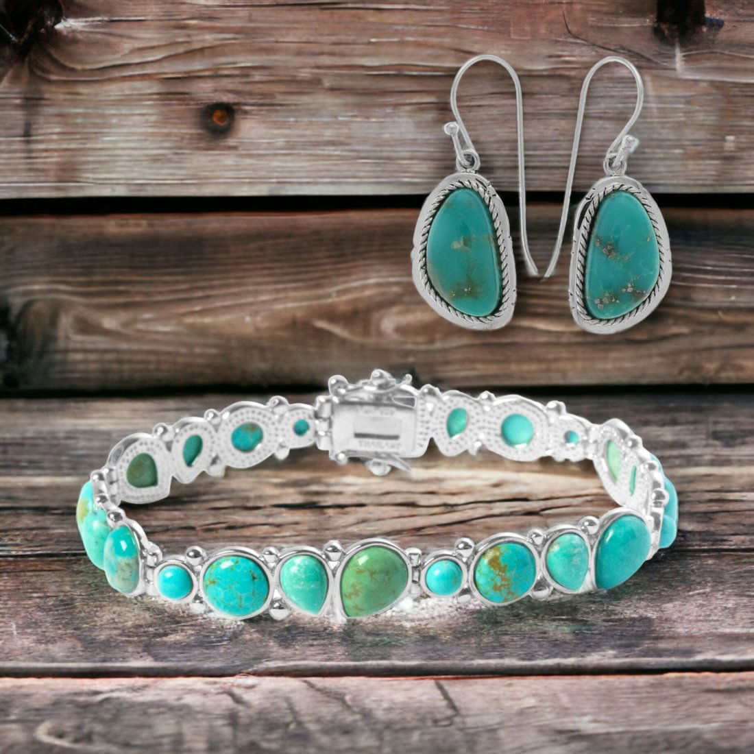 Sterling Silver Turquoise Bracelet & Earrings (1 of 1)