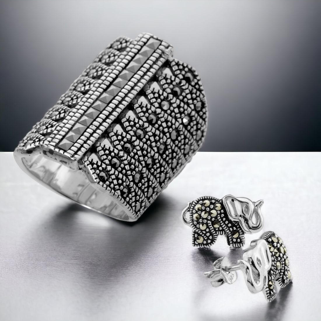 Whimsical Marcasite Elephant Set: Add a touch of whimsy to your jewelry collection with this delightful Marcasite Elephant Set. The sterling silver ring, sized at 6, features intricate marcasite detailing, creating a charming and uniq