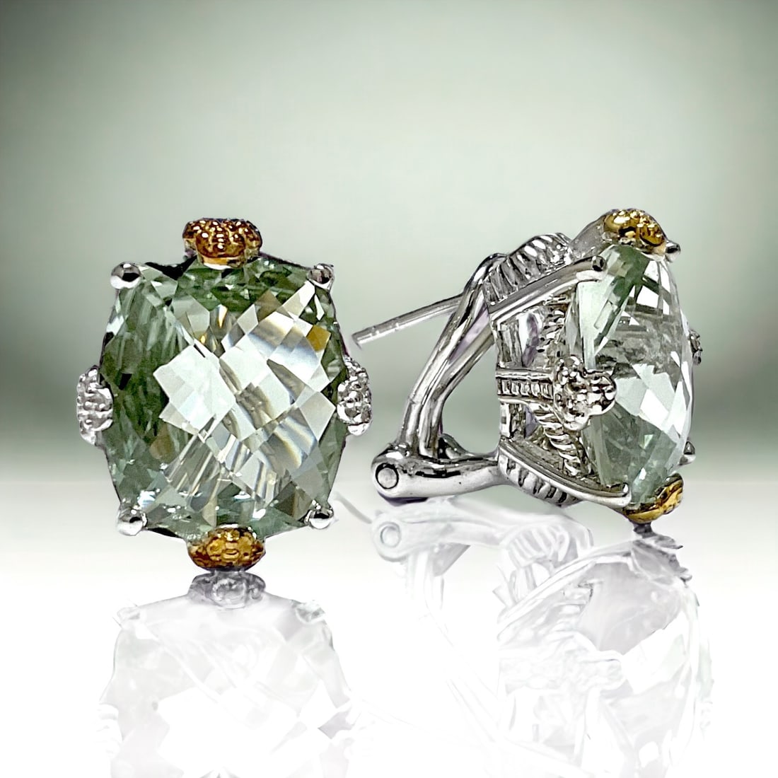 14K & Silver Checkerboard Green Amethyst Earrings (1 of 1)