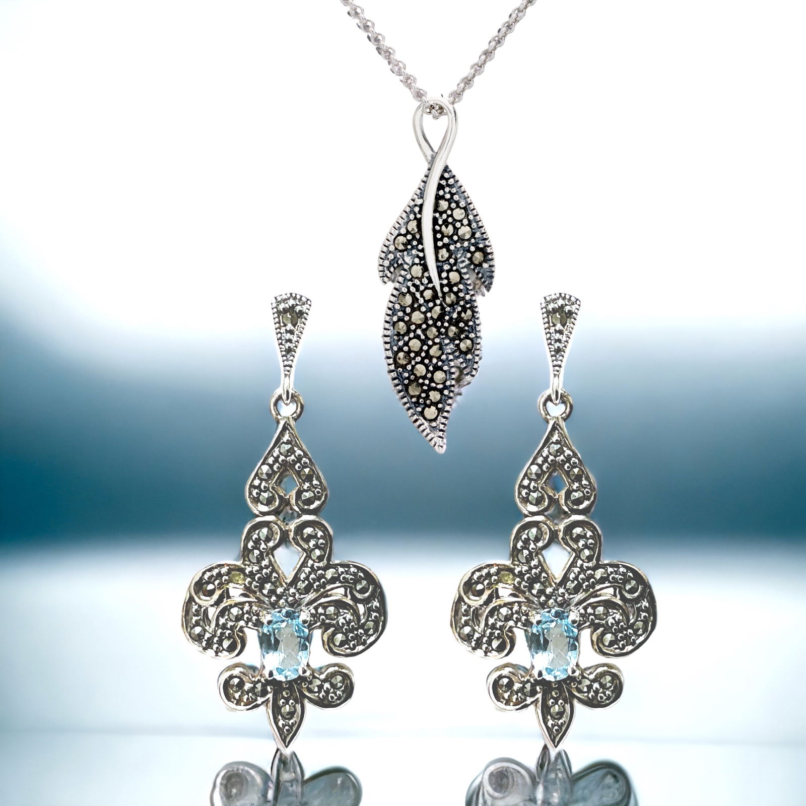 Marcasite Elegance: Pendant & Blue Topaz Earrings (1 of 1)