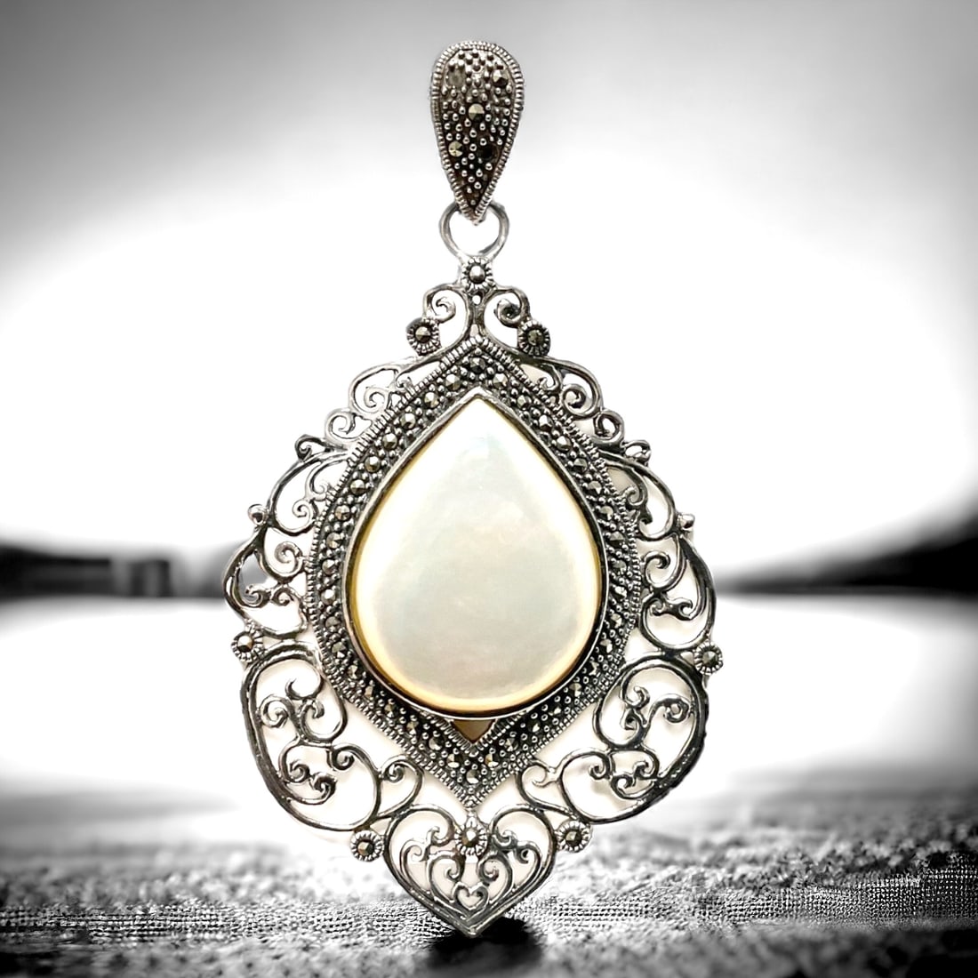 Mother-of-Pearl & Marcasite .925 Silver Pendant (1 of 1)