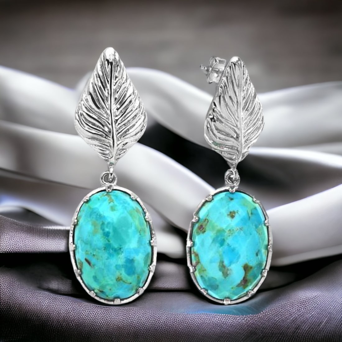 Turquoise Sterling Silver Leaf Dangle Earrings (1 of 1)