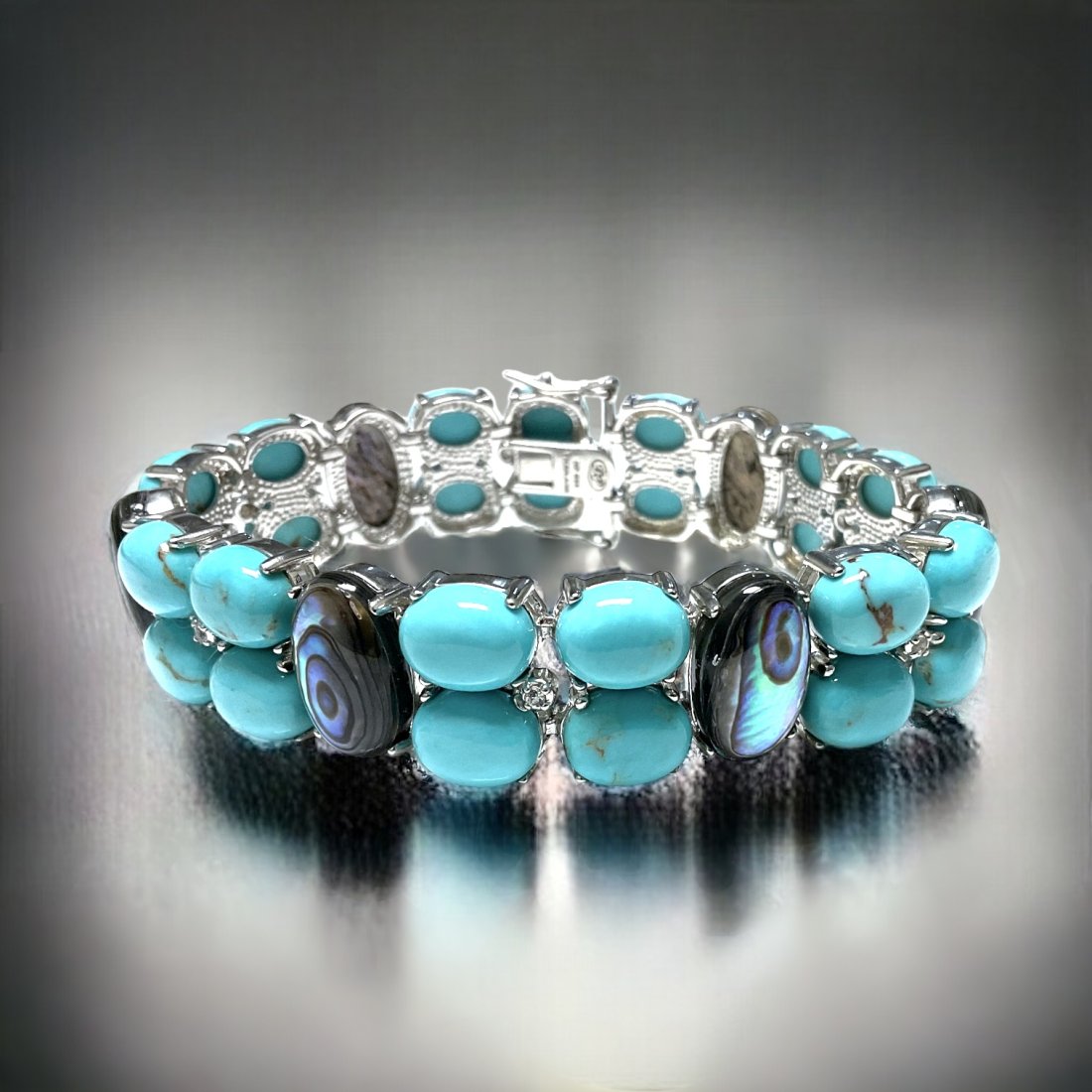 Two Row Turquoise & Abalone Sterling Silver Bracelet (1 of 1)