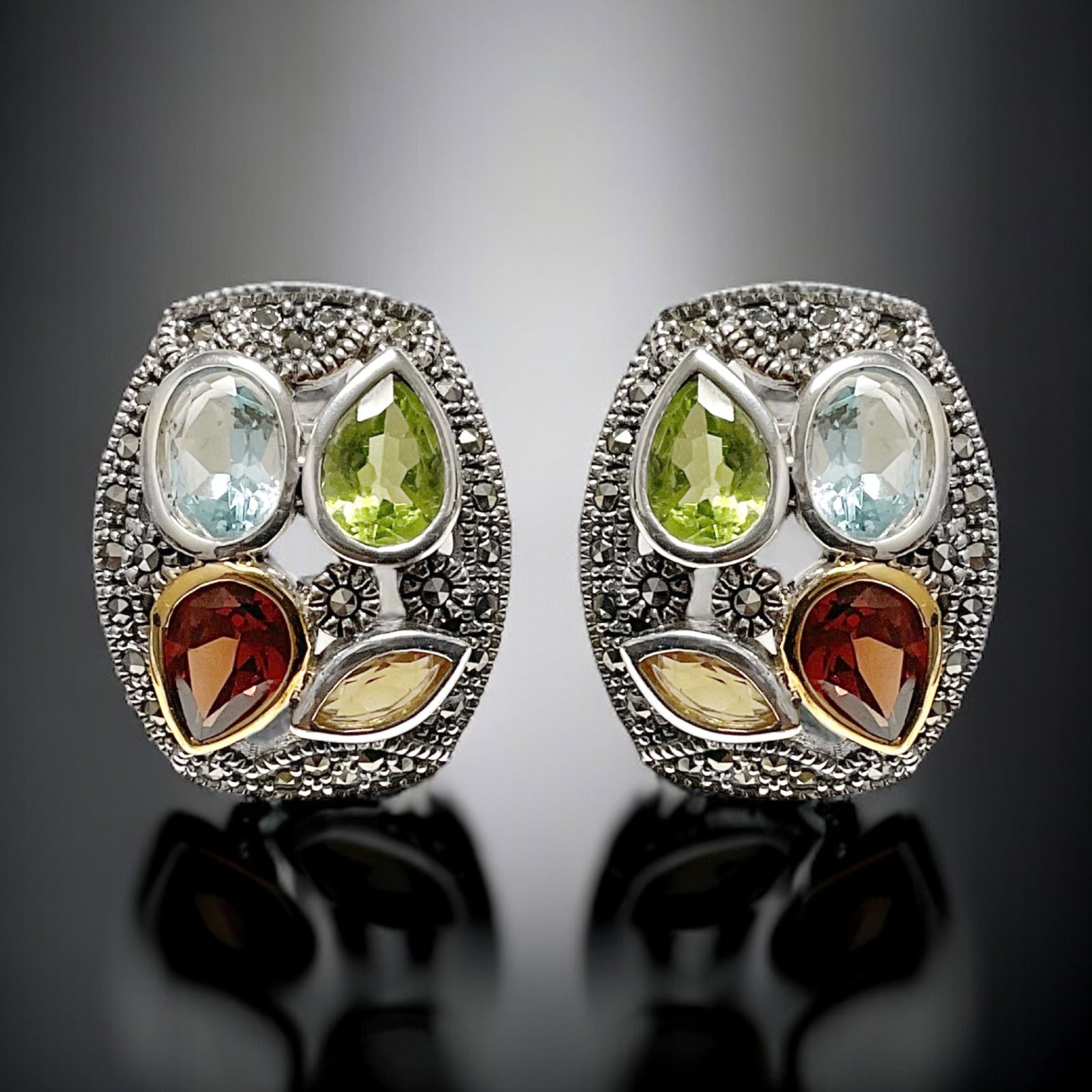 14K & Sterling Silver Marcasite Multi-Gemstone Earrings (1 of 1)