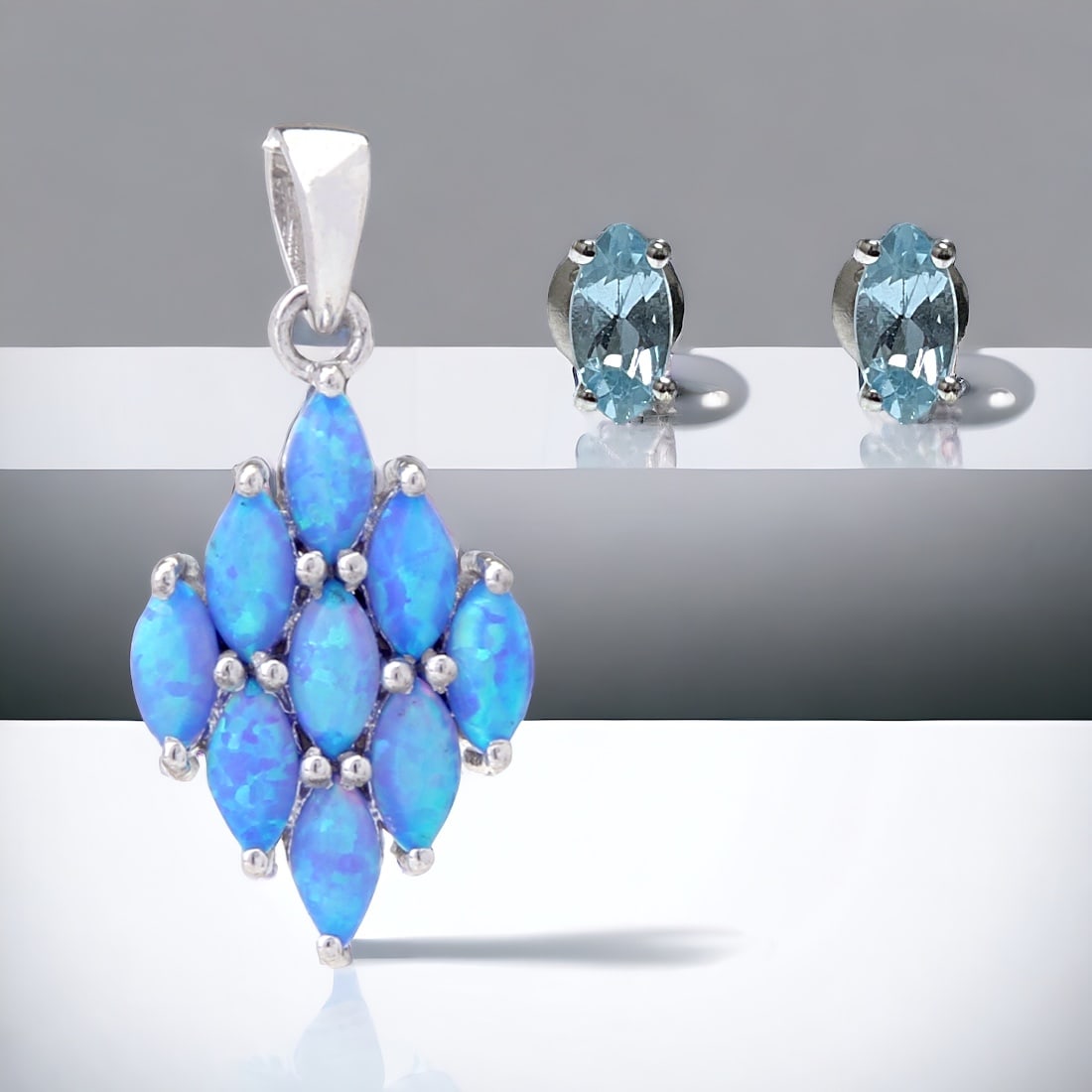 Sterling Silver Blue Topaz Earrings & Opal Pendant (1 of 1)