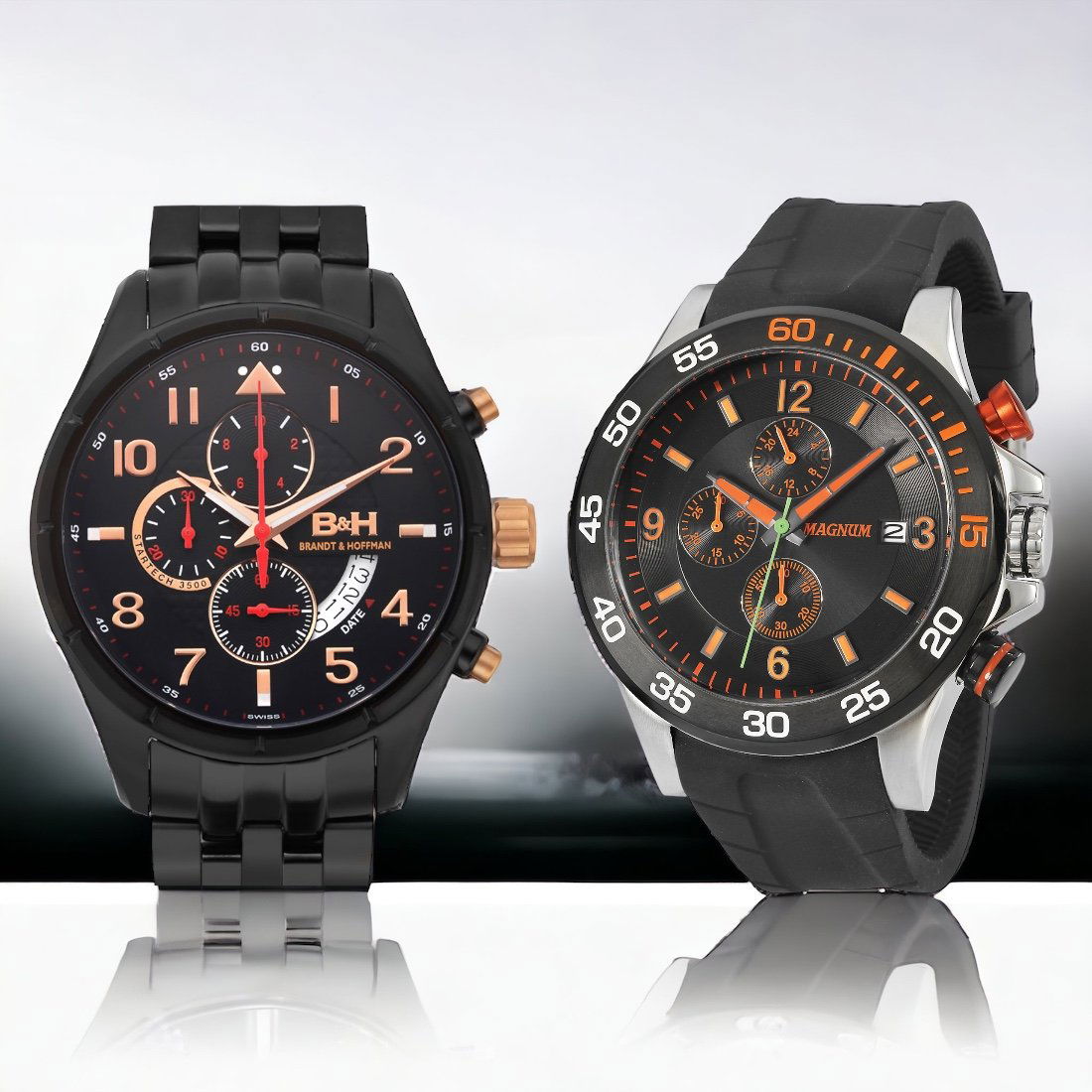 Brandt & Hoffman Swiss Chrono & Magnum Speedster: Swiss Chronograph: Genuine Swiss Ronda 3540.D Movement, Analog display, 44mm surgical grade 316L stainless steel case, black dial with luminescent hands, surgical grade 316L stainless steel clasp and