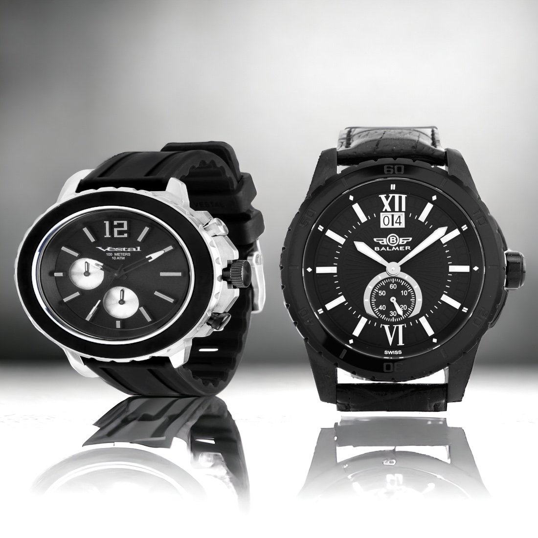 Swiss Sport & Vestal Yacht Men's Watches: Swiss Quartz Watch. Simple yet Elegant Sunburst Pattern Dial, Roman Numerals at 12 and 6 o'clock, Luminous Hands and Indices, 45mm Round Stainless Steel Case, Sapphire Crystal, 100m Water Resistant, B
