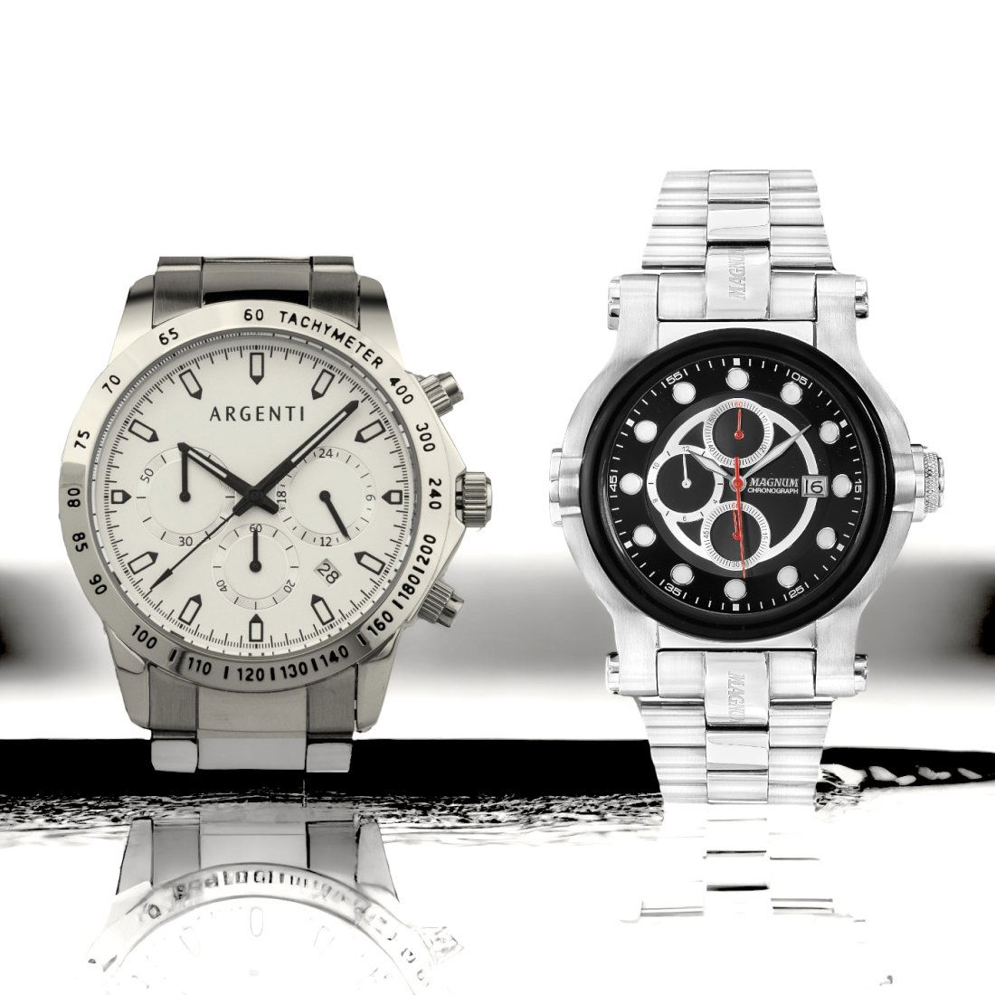 Argenti & Magnum: Precision and Power: Argenti Chronograph: Citizen/Miyota VD53B Quartz Movement, tachymeter scale, mineral crystal dial, visible date window, multi-textured dial, luminescent hands and hour markers. Stainless steel case wi