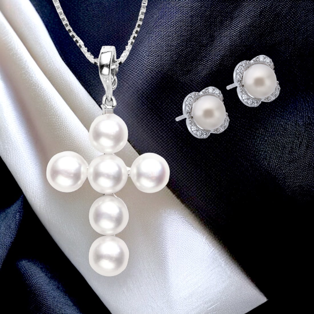 Freshwater Pearl Cross Pendant & Earrings Set (1 of 1)