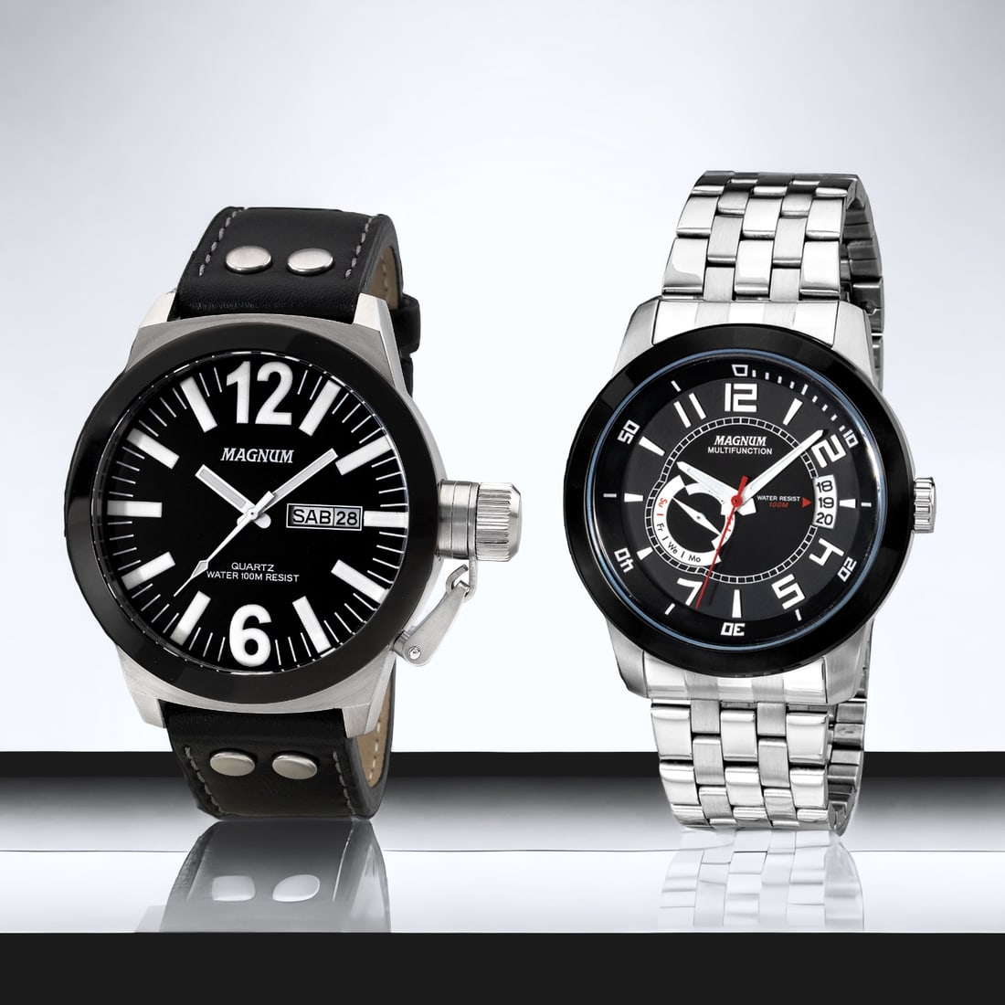 Magnum Principal & Magnum Master Sport Watches: Magnum Principal Quartz: A rugged timepiece with a bold 48mm case,, riveted leather strap, and a 40mm dial window. Ideal for adventurers.42 mm Men's Magnum Master Quartz Watch - A 34mm dial window wat