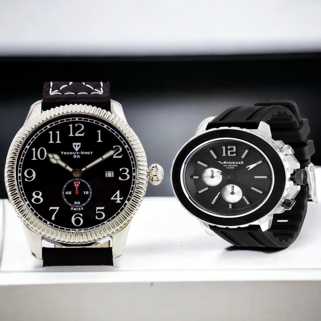 Tschuy-Vogt Swiss Ronda & Vestal Yacht Watches: Swiss Military Style Design - 45mm stainless steel case with a Swiss Ronda 6004.D Movement, and sapphire-coated crystal. Water-resistant up to 10 ATM. A perfect vintage military style watch.Vestal Men