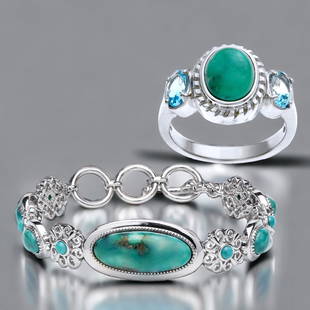 Southwest Campo Frio Turquoise Sterling Silver Jewelry Collection: Indulge in the captivating beauty of our Campo Frio Turquoise Sterling Silver Bracelet, 7.75", and Ring Set. Crafted with genuine stabilized Campo Frio turquoise stones, each piece boasts unique hues