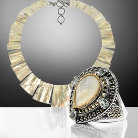 Mother-of-Pearl Bib Necklace and Sterling Silver Ring Size 8