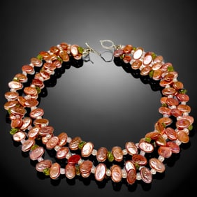 Triple Strand Blush colored Pearl Necklace