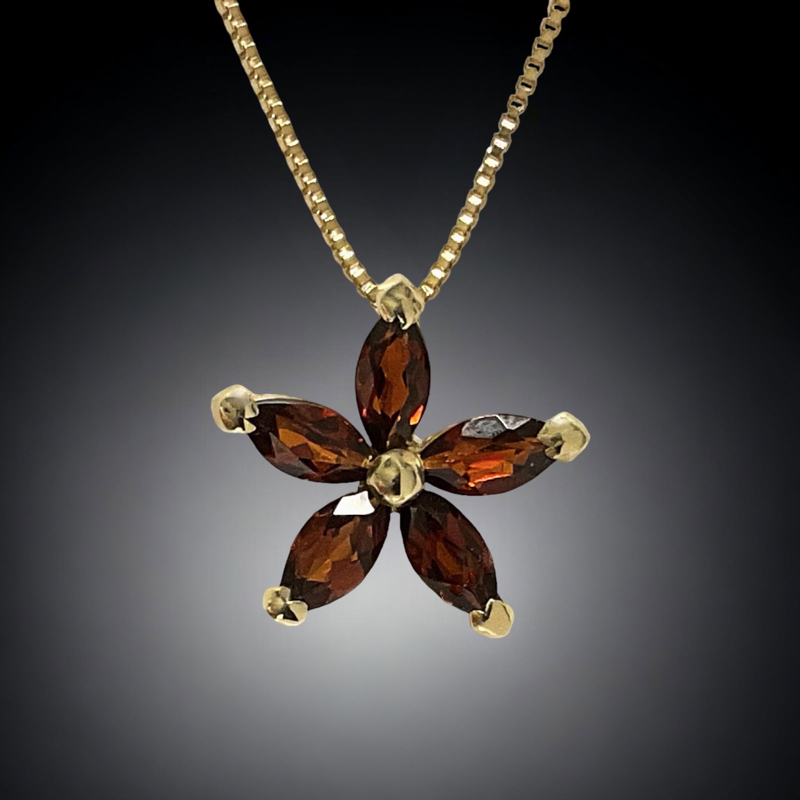 14K Gold Garnet Flower Pendant with 18" chain: This stunning 14K Gold Garnet Flower Pendant comes with an exquisite 18" 10K Gold chain, combining elegance and sophistication. Crafted with meticulous attention to detail, the pendant features a deli
