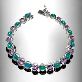 Blue Ethiopian Opal and Amethyst Sterling Silver Bracelet