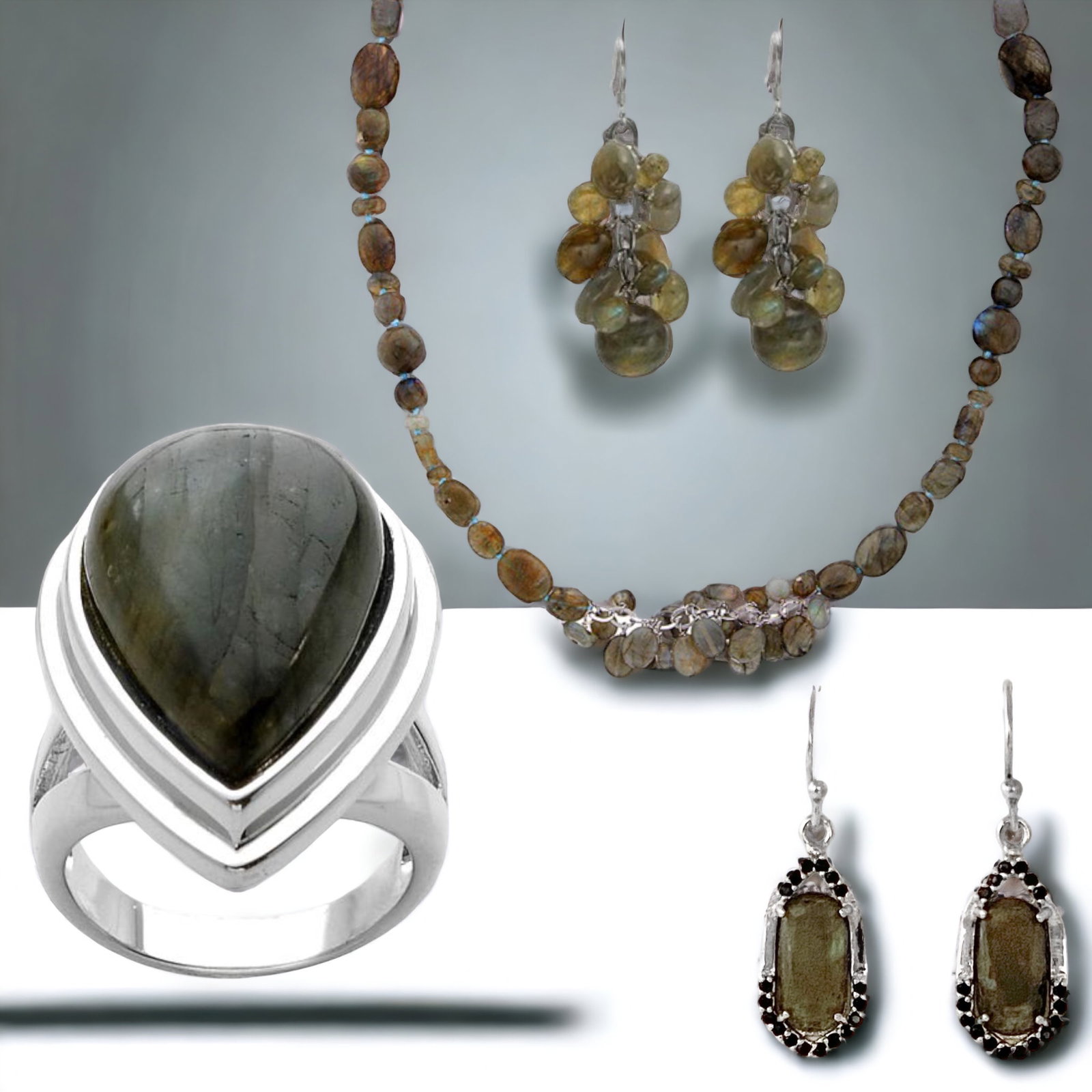 4 Piece Labradorite Bundle - Ring, Earrings & Necklace (1 of 1)