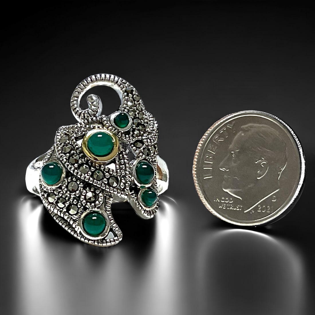 14K Green Agate & Marcasite Elephant Ring Size 10 (1 of 1)