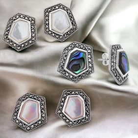 Marcasite & Abalone Sterling Silver Earrings Set