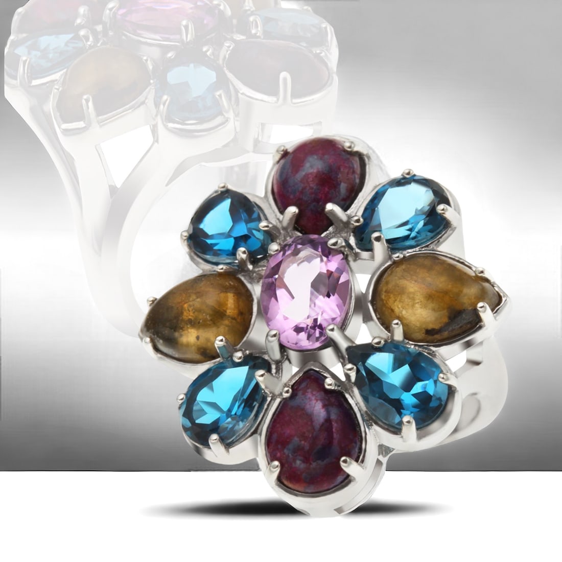Multi Gem Sterling Silver Flower Ring Size 8 (1 of 1)