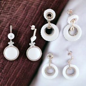 Set of 3 White Carved Fashion Earrings