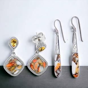 Spiny Oyster Sterling Silver Earring Set: Adorn yourself with the grace of 2.5" Sterling Silver elongated drop earrings featuring spiny oyster bronze. Complement your style with captivating earrings adorned with spiny oyster and citrine gemst