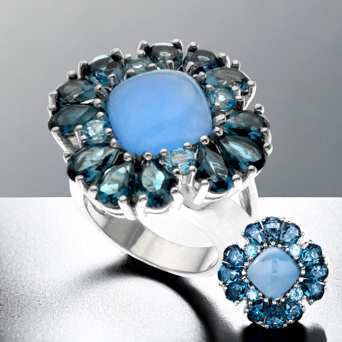 Blue Jade & Blue Topaz Sterling Silver Flower Ring - Size 10 (1 of 1)