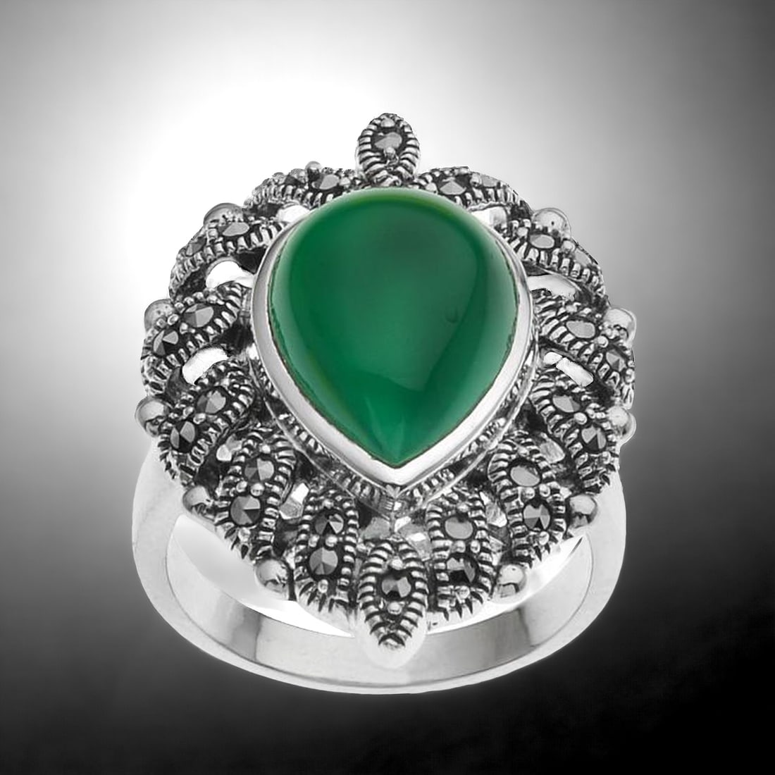 Green Agate & Marcasite Sterling Silver Ring - Size 7 (1 of 1)