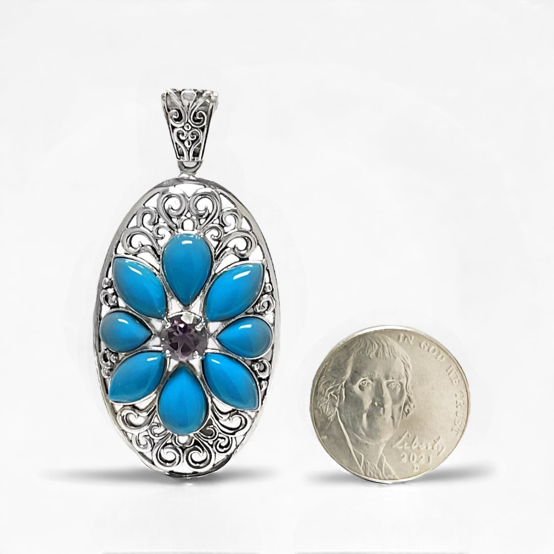 Filigree Sterling Silver Turquoise & Amethyst Pendant (1 of 1)