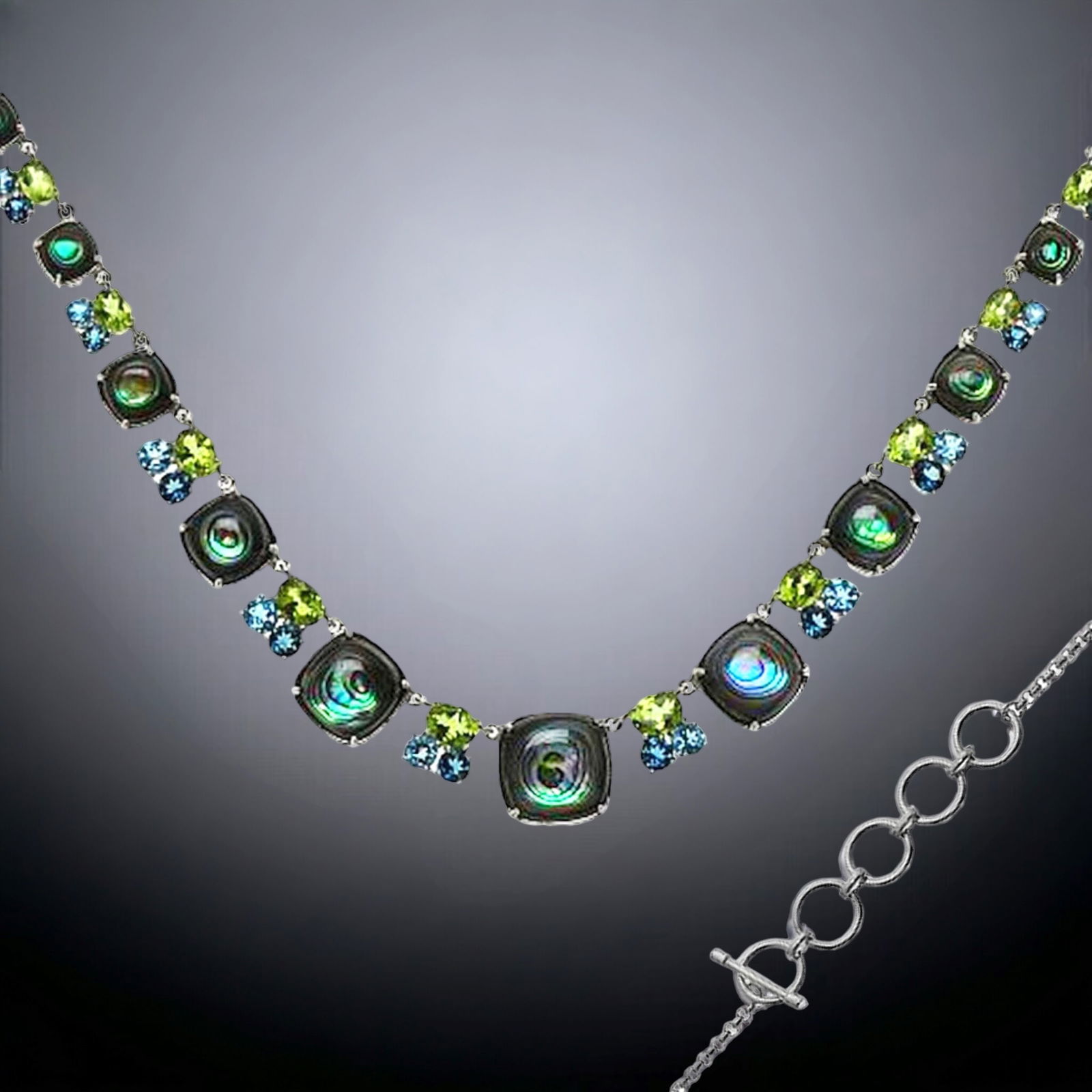 Abalone, Peridot and London Blue Topaz, and Swiss Blue Topaz Sterling Silver Necklace (1 of 1)