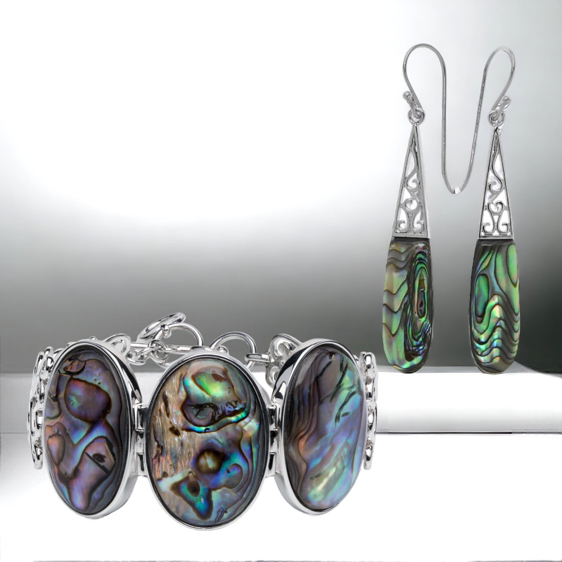 Iridescent Abalone Bracelet and Earrings Jewelry Set (1 of 1)
