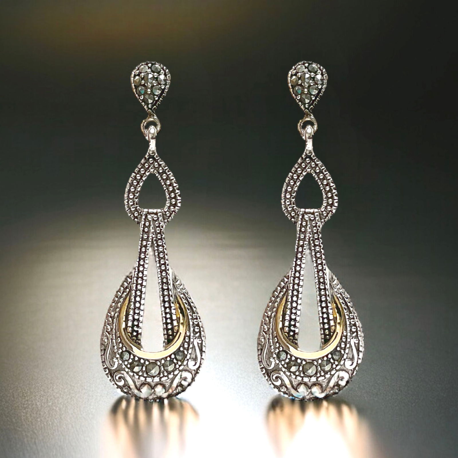 Expertly crafted two-tone Sterling Silver Marcasite Drop Earrings (1 of 1)