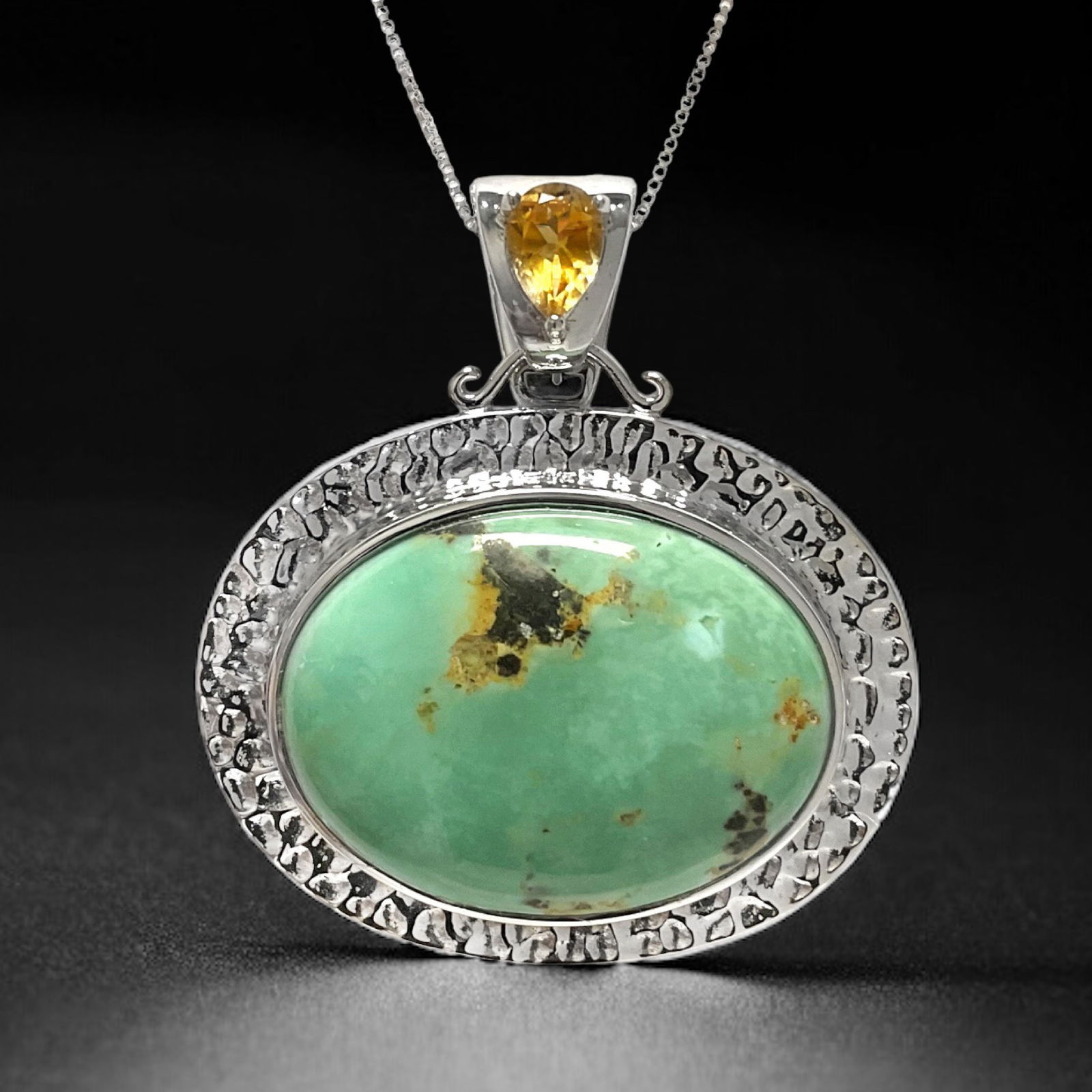 Unique #8 Turquoise Pendant with Citrine and exquisite filagree Sterling Silver setting with 18" (1 of 1)