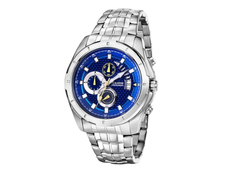 Magnum: 45MM Chrono Mechanism Powered Sport Watch: Introducing Magnum: Dynamic 45MM stainless steel case in silver, blue dial, and precise chrono mechanism powered battery. Water-resistant up to 100M, with a stylish silver stainless steel strap and fo