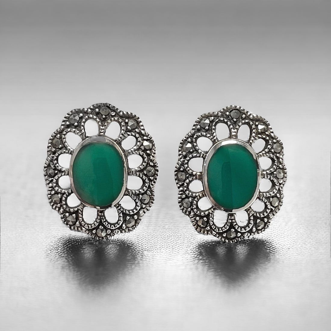 Green Agate & Marcasite Stud Earrings set in Sterling Silver (1 of 1)