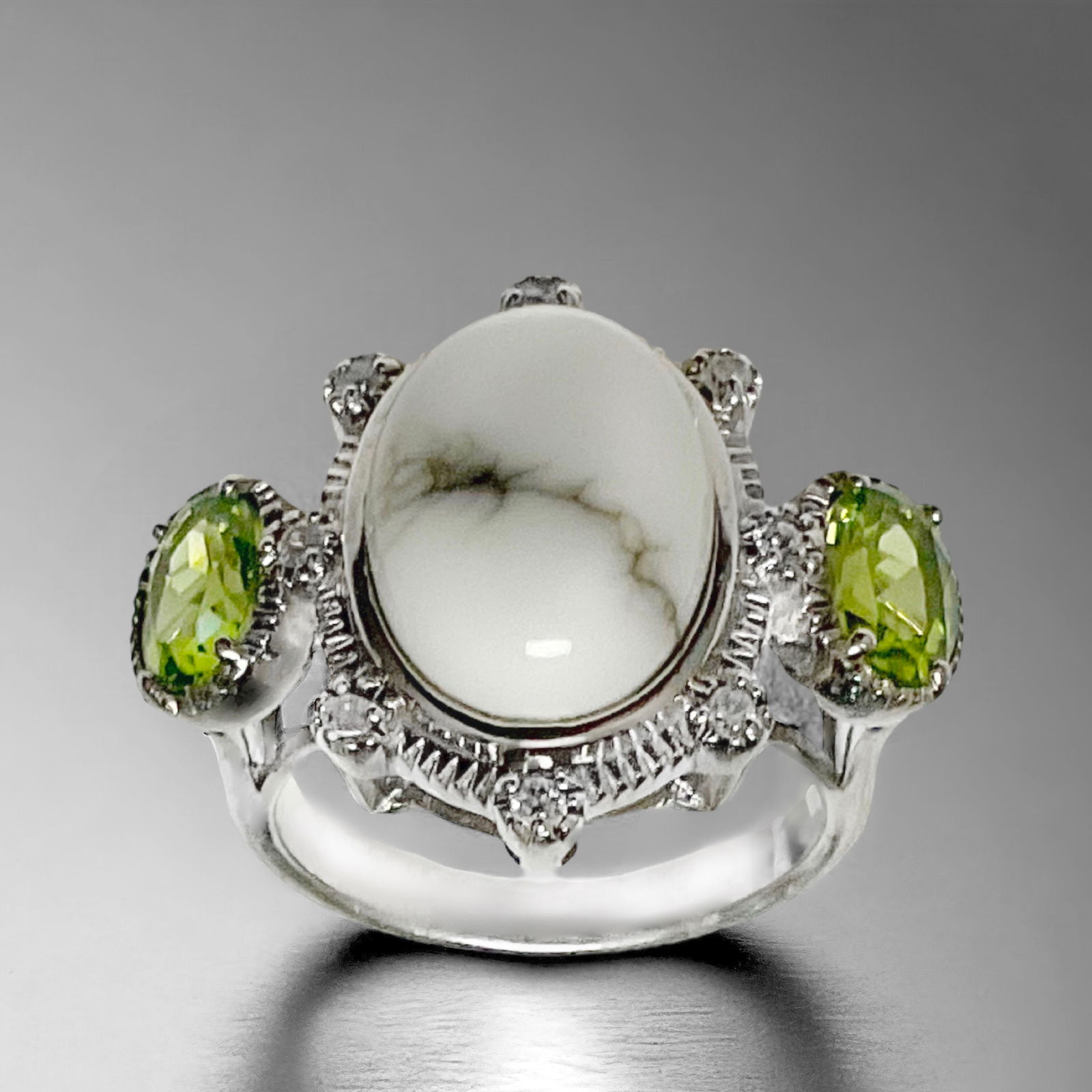 Stunning White Buffalo, Peridot, & White Zircon Sterling Silver Ring - Size 7 (1 of 1)
