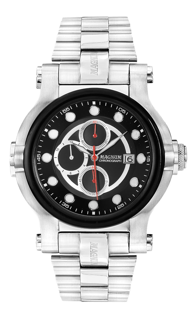 Magnum Galaxy Chronograph: Bold Design: 49mm Men's Magnum Galaxy Quartz Watch: A rugged chronograph timepiece with a 34mm dial window featuring 3 subdials and a date indicator at 3 o'clock. Its sturdy design is made for a rugged life.