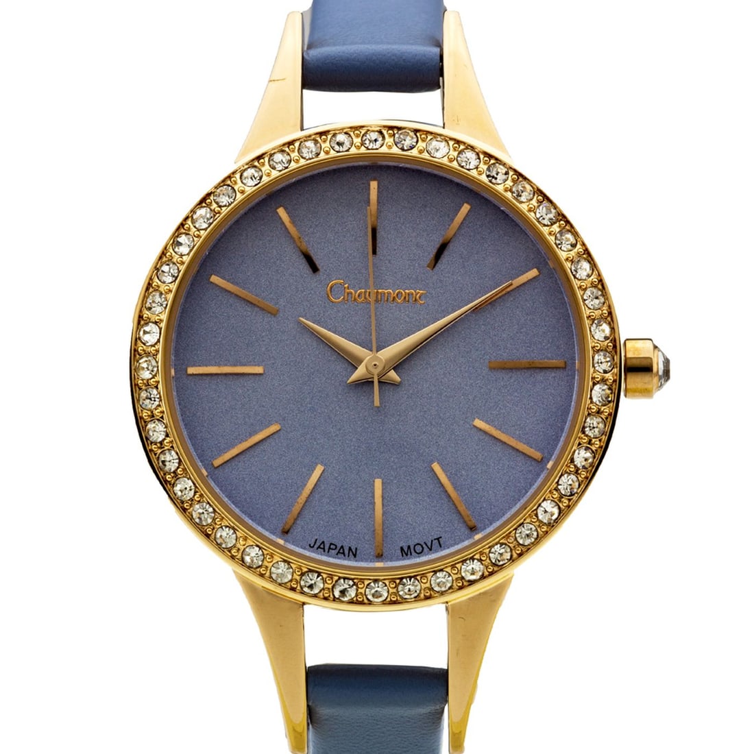 Chaumont Ladies Watch with Blue Dial and Crystals: Refined Luxury: Chaumont Swarovski Bezel 36mm Ladies Watch: Exquisite Beauty and Quality. Adorned with crystals with Swarovski elements, this watch combines elegance with durability. Japan Movement, leather strap, an