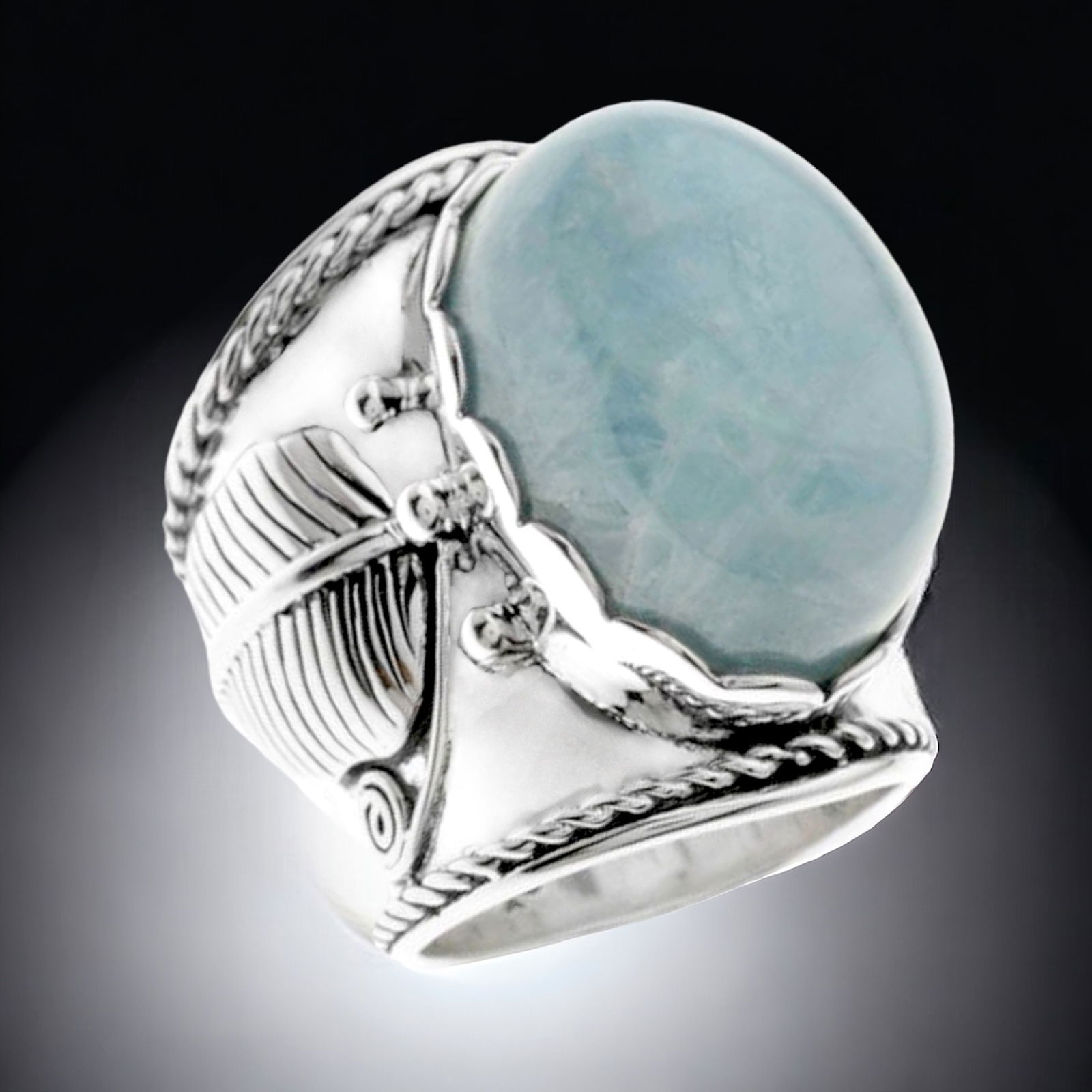Aquamarine Leaf Band Sterling Silver Ring - Size 7 (1 of 1)