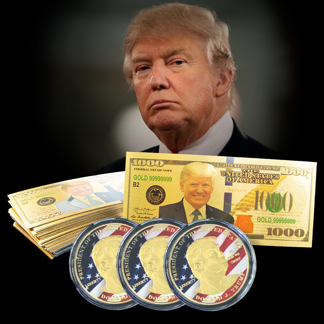 (50) $1000 Donald Trump Gold Foiled Note and (12) Colorized Coins (1 of 6)