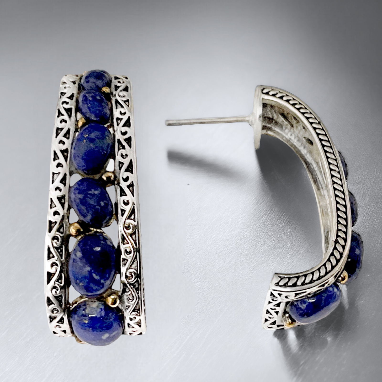 14K Gold & Sterling Silver Lapis Lazuli Earrings with filagree accents (1 of 1)
