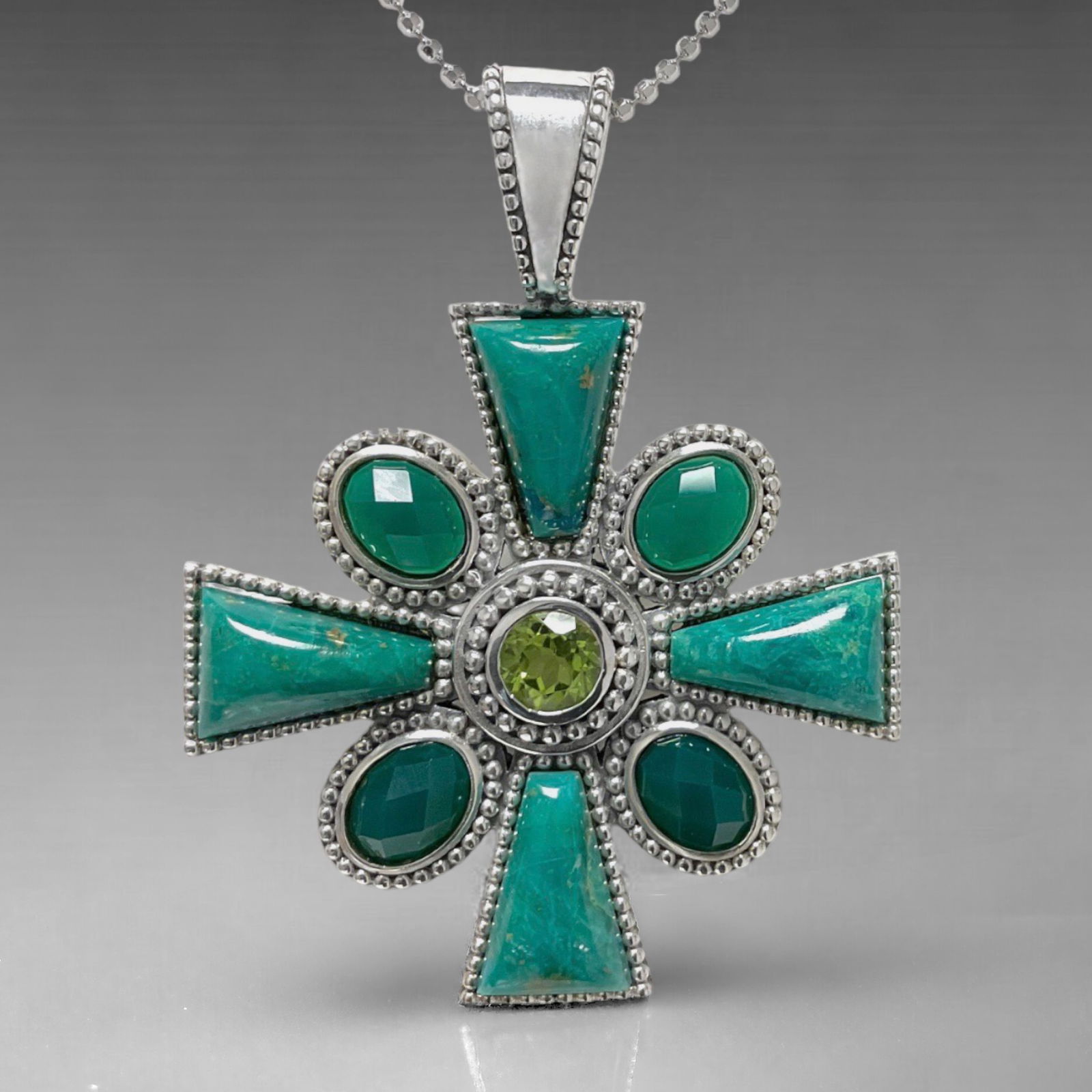 Maltese Chrysacolla & Green Agate Sterling Silver Cross Pendant (1 of 1)