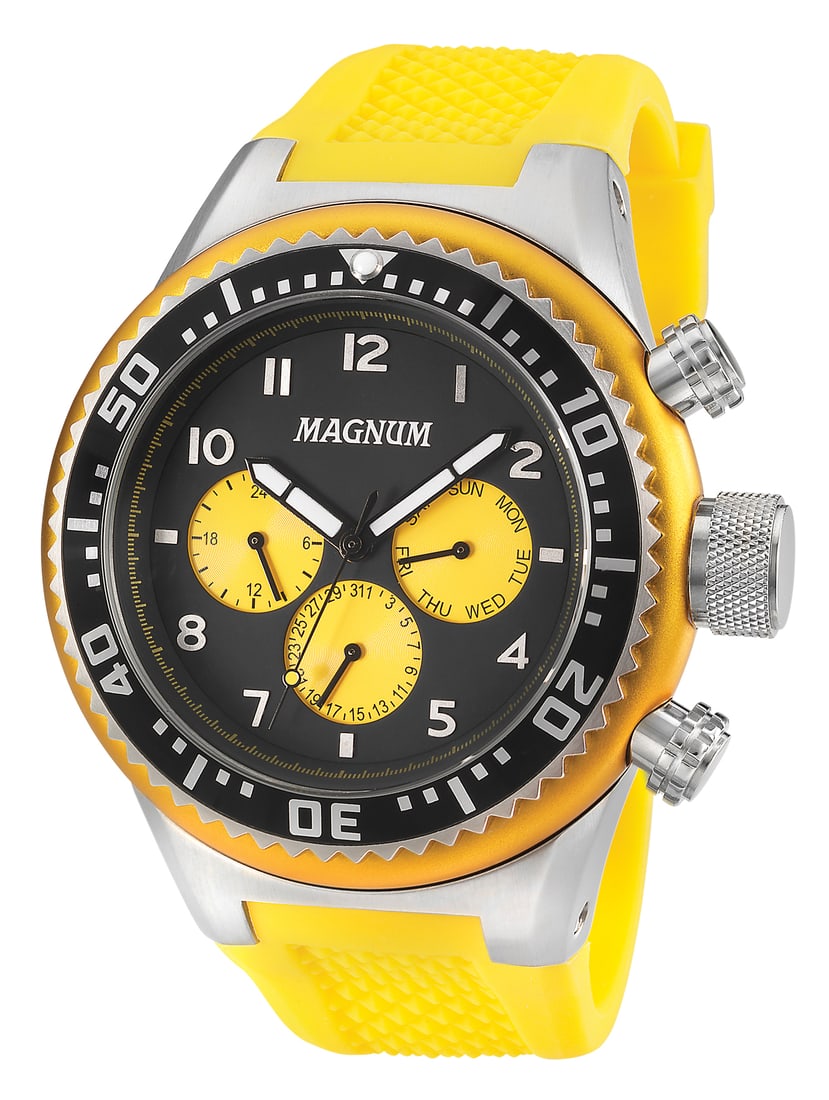 Magnum Body Guard Sports Choronograph Watch: 52mm Magnum Body Guard Quartz Men's Watch - A versatile timepiece with a 38mm dial window, multi-function features and screw-down crown. The case is a multi-body design, making it distinctive and func
