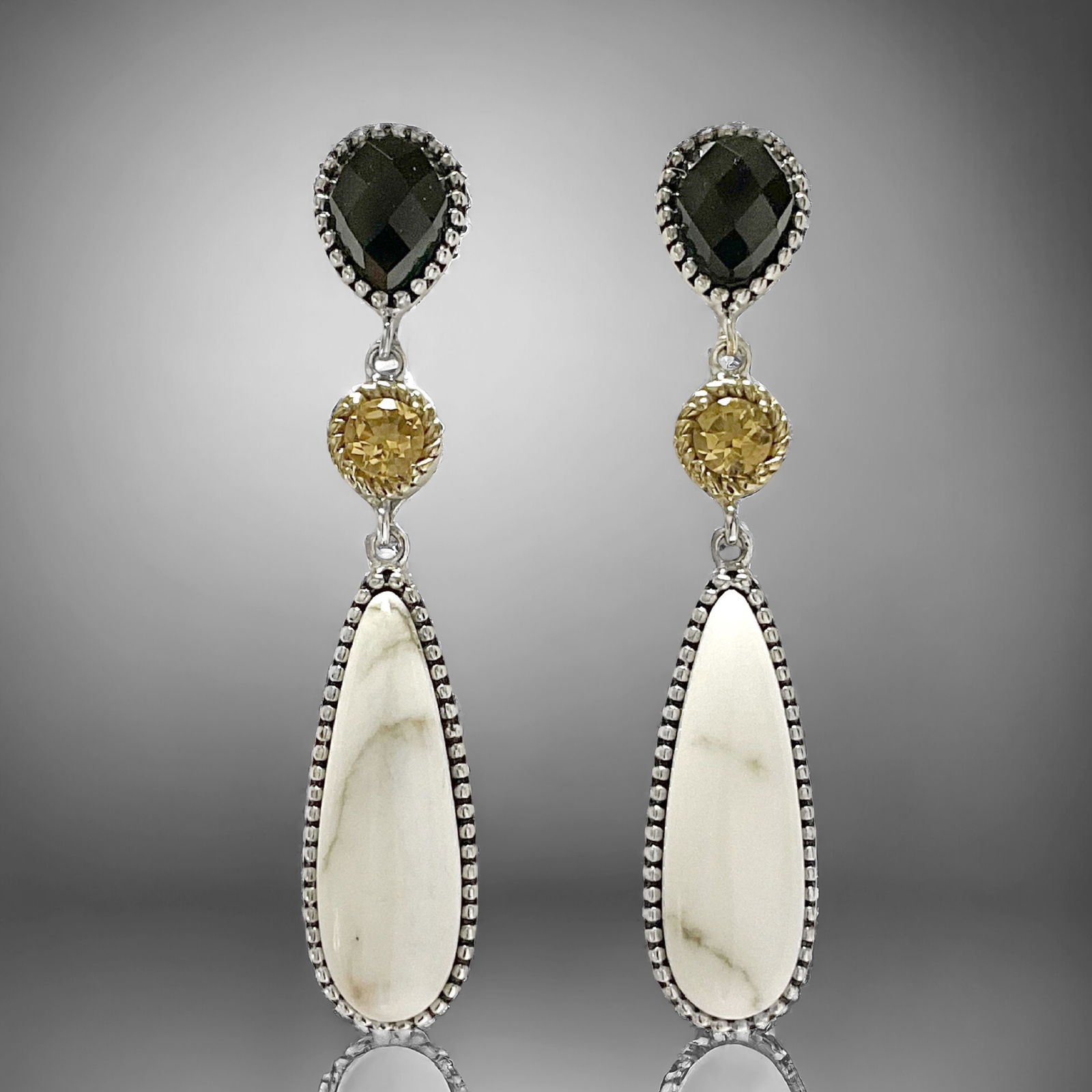 White Buffalo, Black Agate, & Citrine Sterling Silver Dangle Earrings (1 of 1)