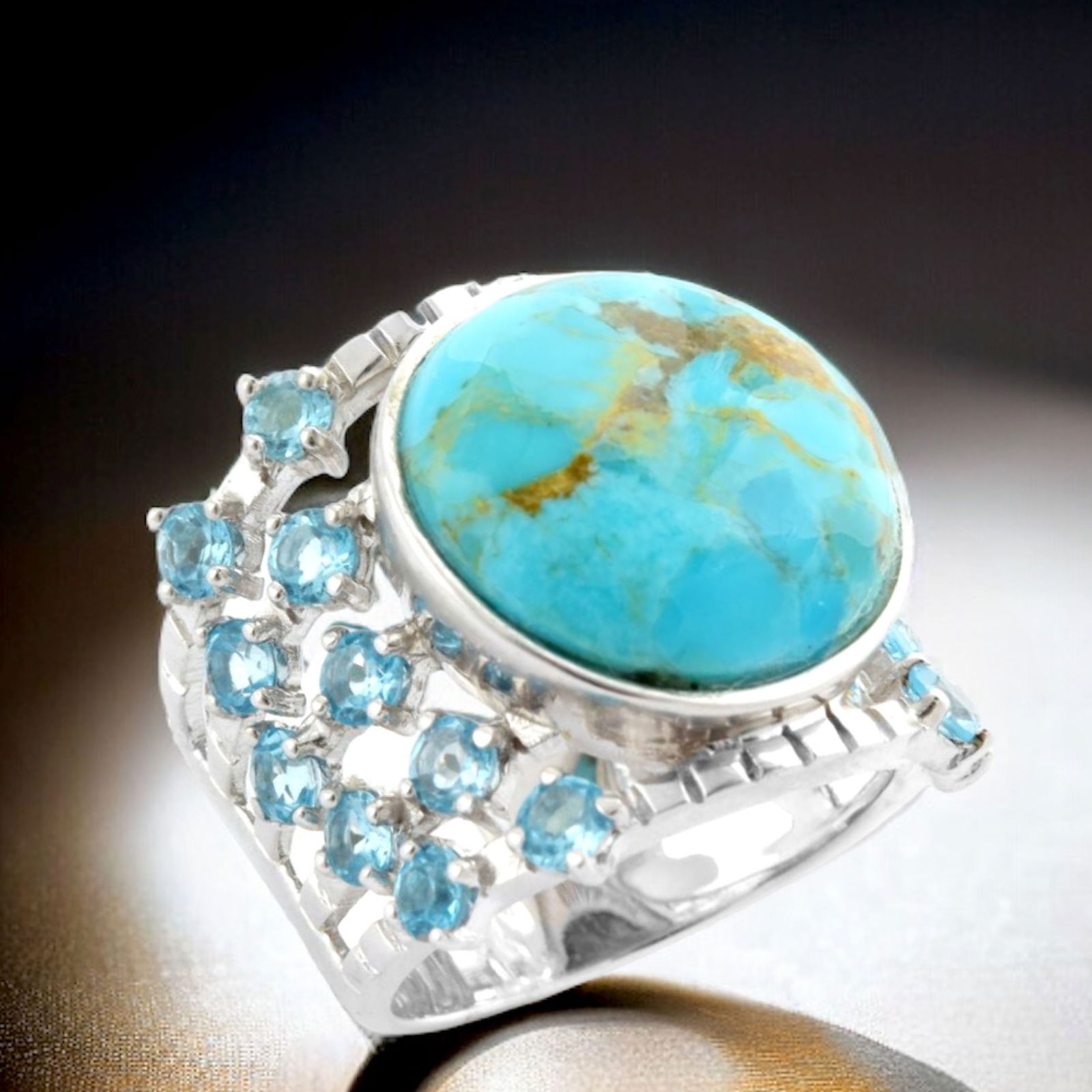 Alluring Wide Turquoise & Swiss Blue Topaz Sterling Silver Ring Size 6 (1 of 1)