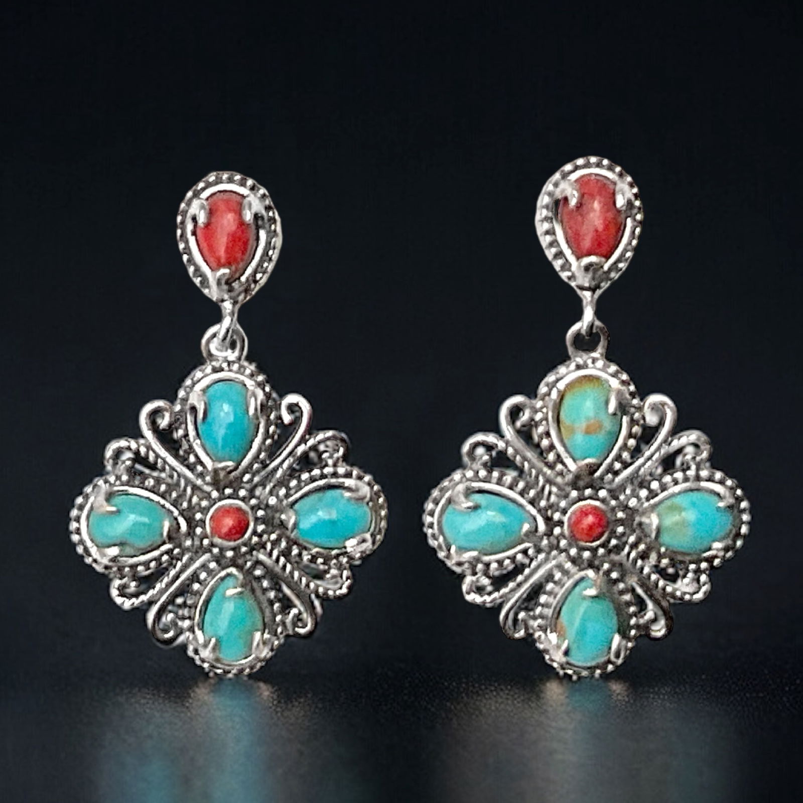 Southwest Turquoise & Coral Sterling Silver Dangle Earrings (1 of 1)