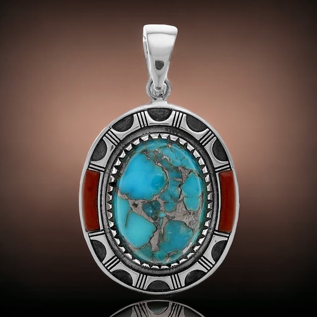 Large Southwest Design Turquoise & Jasper Sterling Silver Pendant (1 of 1)