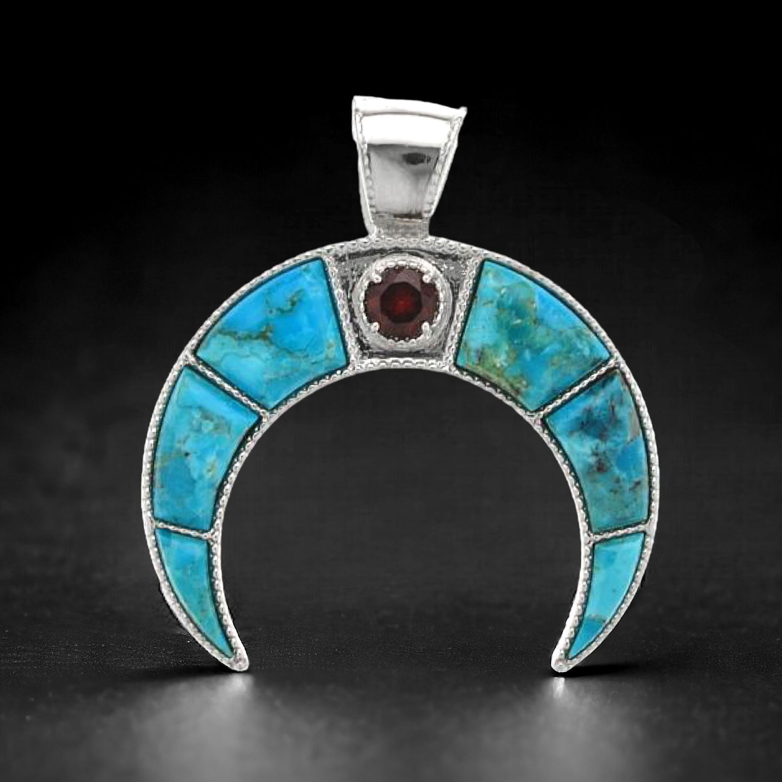Turquoise & Garnet Double Horn Sterling Silver Pendant (1 of 1)
